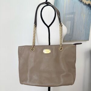 Michael Kors Mina Women Large MK Chain Tote Shoulder Bag Taupe Jet Set